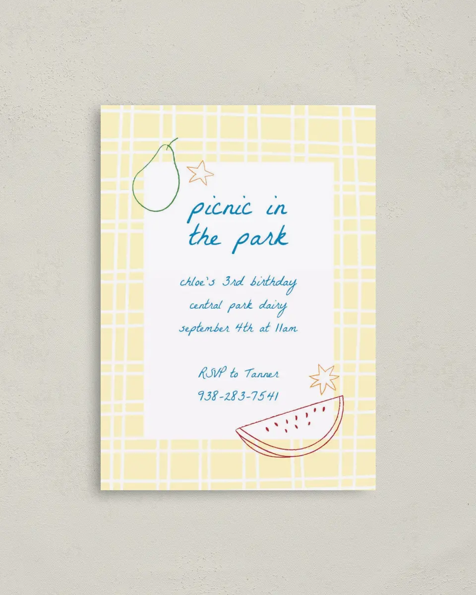 This is a 4" x 5.6" Birthday Party Invitation called Park Picnic printed in full color on Soft Touch Finish paper