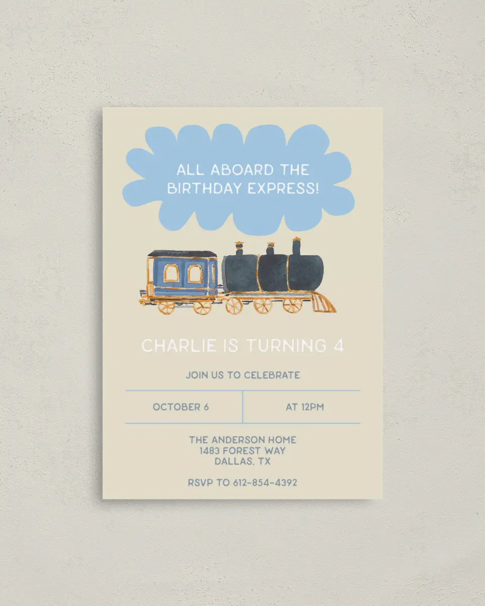 This is a 4" x 5.6" Birthday Party Invitation called All Aboard printed in full color on Soft Touch Finish paper