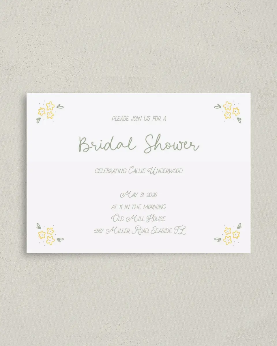 This is a 4" x 5.6" Bridal Shower Invitation Postcard called Dainty Daisies printed in full color on Soft Touch Finish paper