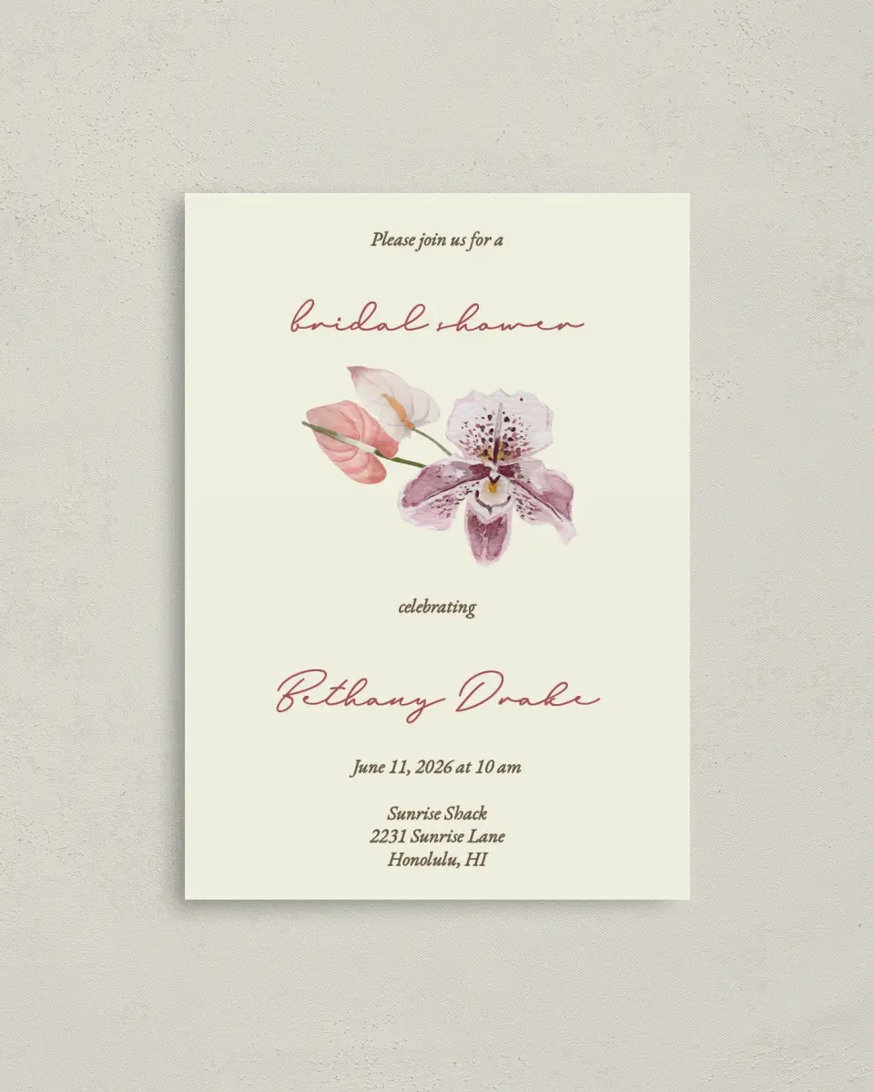 This is a 4" x 5.6" Bridal Shower Invitation Postcard called Orchid Oasis printed in full color on Soft Touch Finish paper