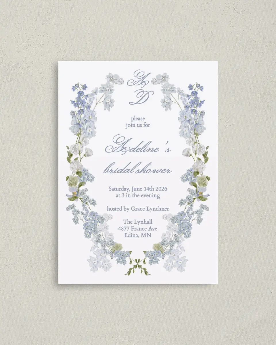 This is a 4" x 5.6" Bridal Shower Invitation Postcard called Bridal Blossoms printed in full color on Soft Touch Finish paper