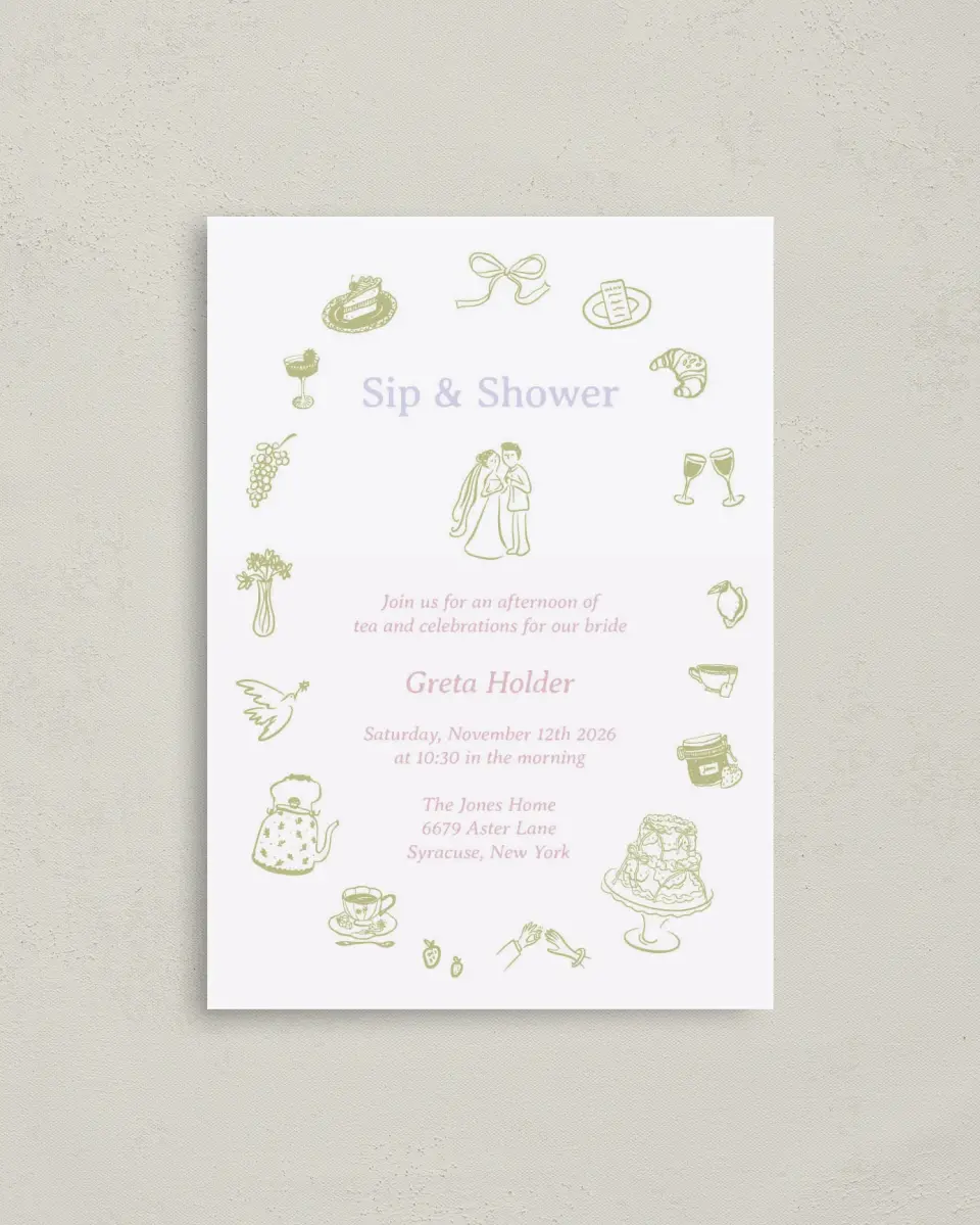 This is a 4" x 5.6" Bridal Shower Invitation Postcard called Sip and Shower printed in full color on Soft Touch Finish paper