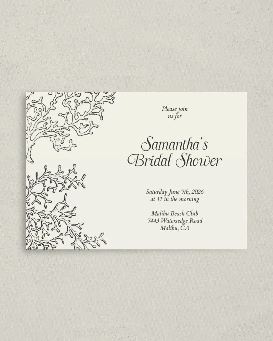 This is a 4" x 5.6" Bridal Shower Invitation Postcard called Breezy and Bridal printed in full color on Soft Touch Finish paper