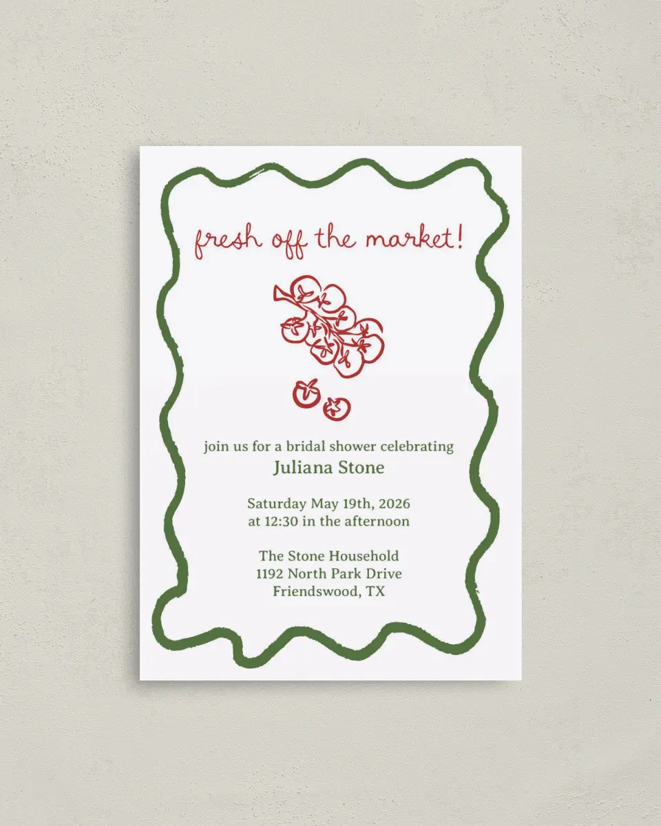 This is a 4" x 5.6" Bridal Shower Invitation Postcard called Off the Market printed in full color on Soft Touch Finish paper