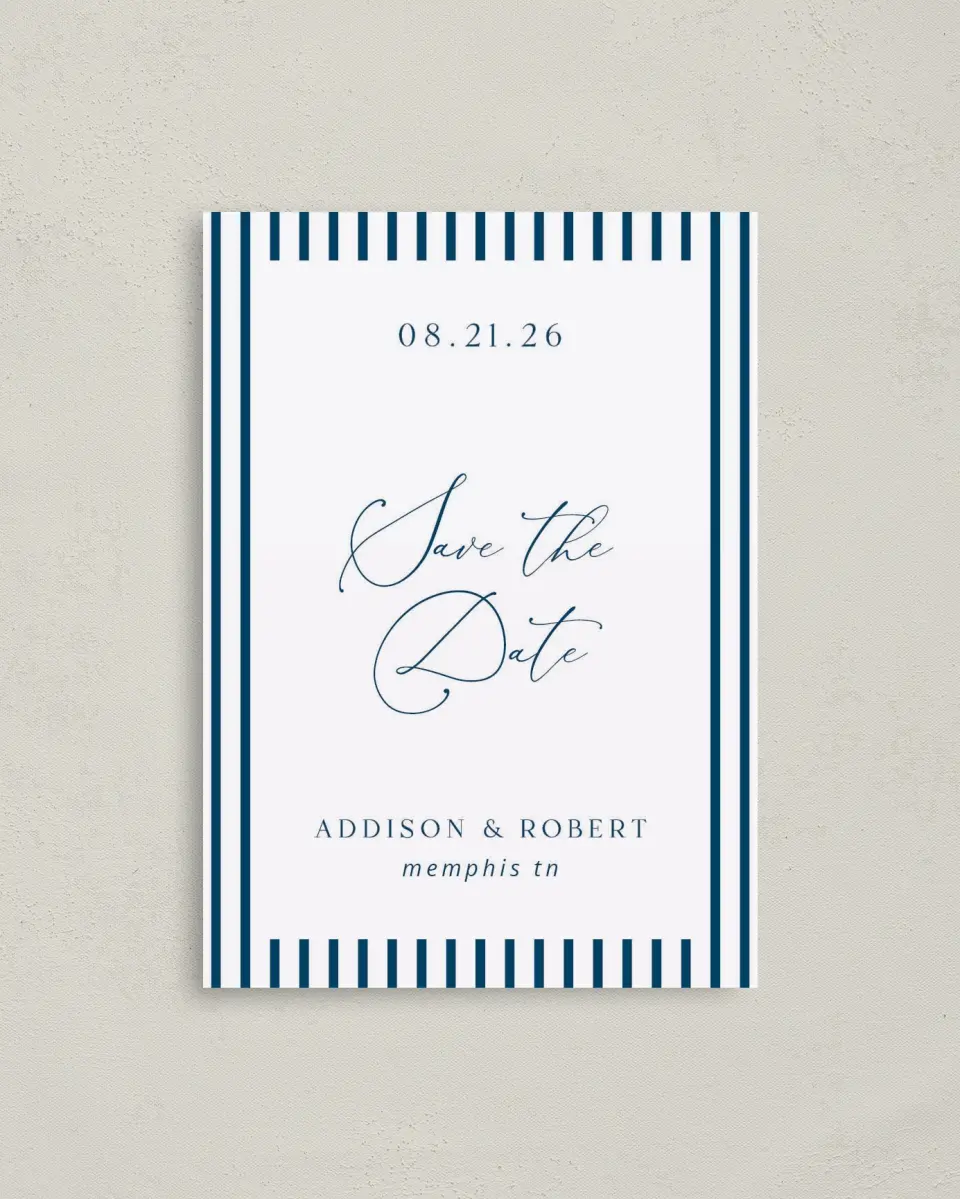 This is a 4" x 5.6" Save the Date Postcard called The Addison printed in full color with Silver foil on Soft Touch Finish paper