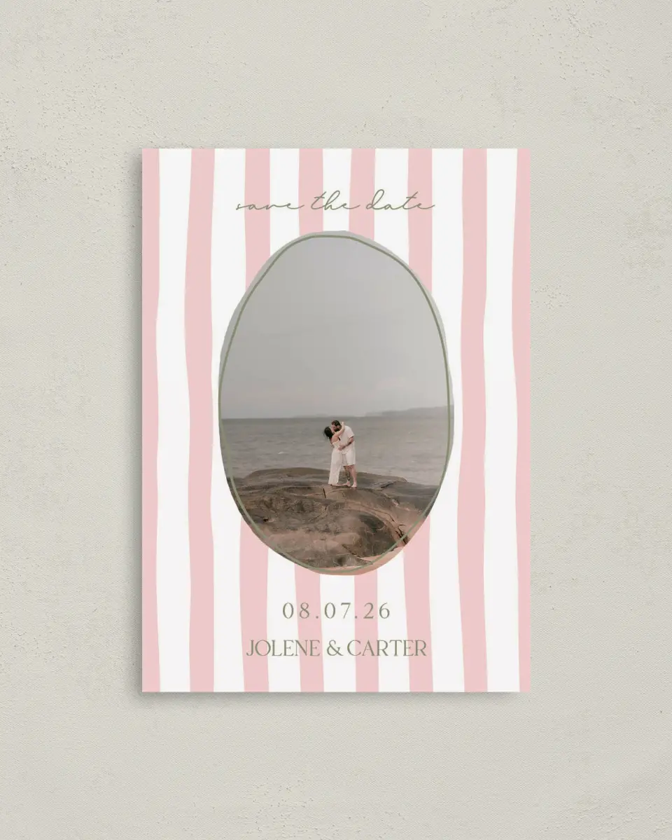 This is a 4" x 5.6" Save the Date Postcard called The Jolene printed in full color with Rose Gold foil on Soft Touch Finish paper