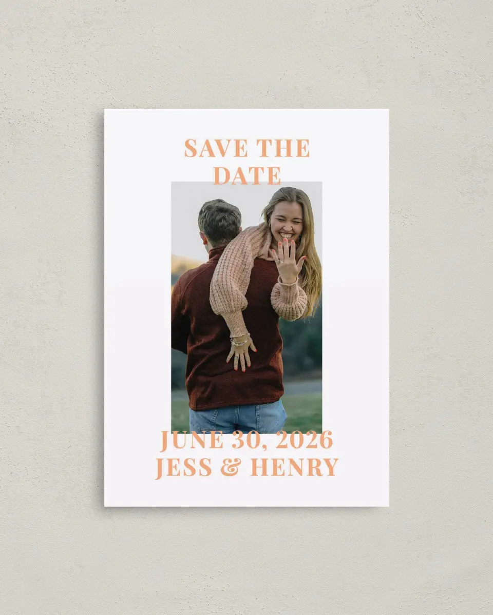 This is a 4" x 5.6" Save the Date Postcard called The Jess printed in full color with Gold foil on Soft Touch Finish paper