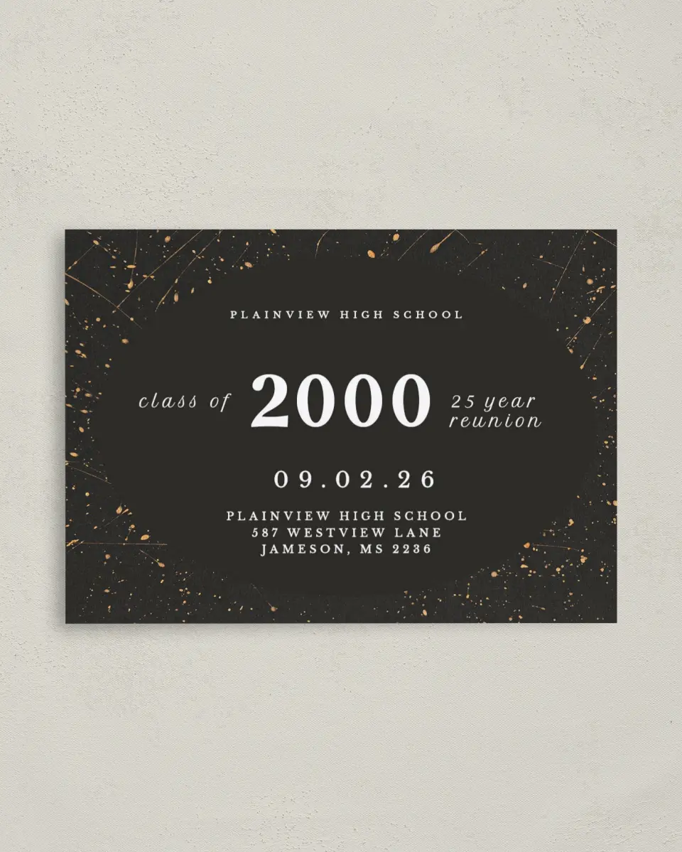 This is a 4" x 5.6" Class Reunion called Golden Gathering printed in full color on Soft Touch Finish paper