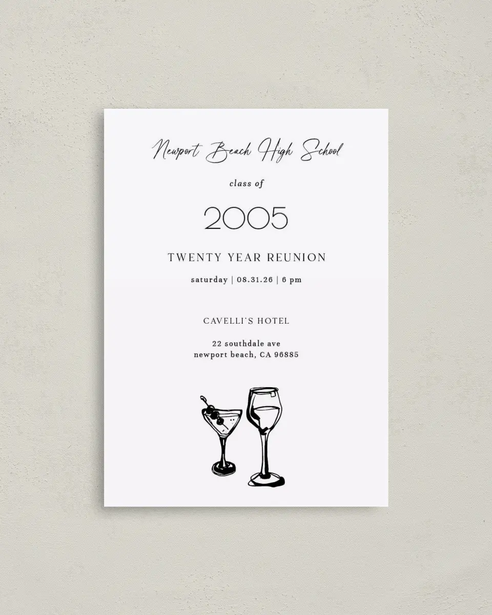 This is a 4" x 5.6" Class Reunion called Happy Hours printed in full color on Soft Touch Finish paper
