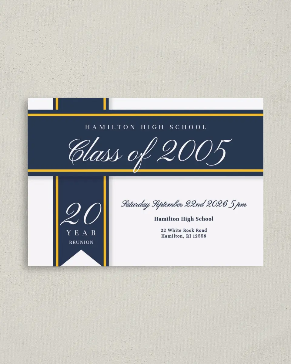 This is a 4" x 5.6" Class Reunion called Elegant Banner printed in full color on Soft Touch Finish paper