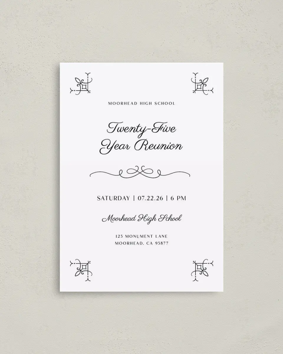 This is a 4" x 5.6" Class Reunion called Proper Party printed in full color on Soft Touch Finish paper