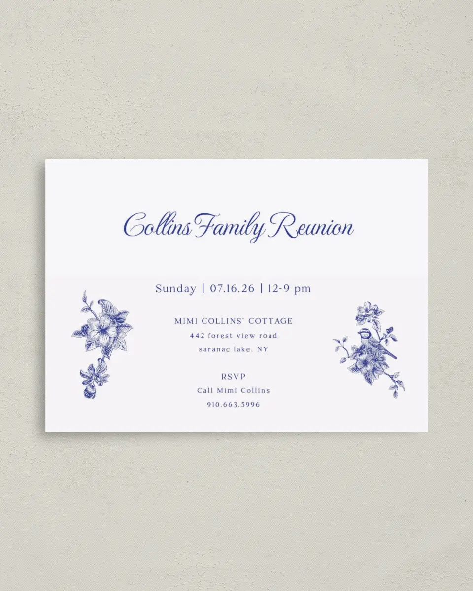 This is a 4" x 5.6" Family Reunion called Beatiful Birdsong printed in full color on Soft Touch Finish paper