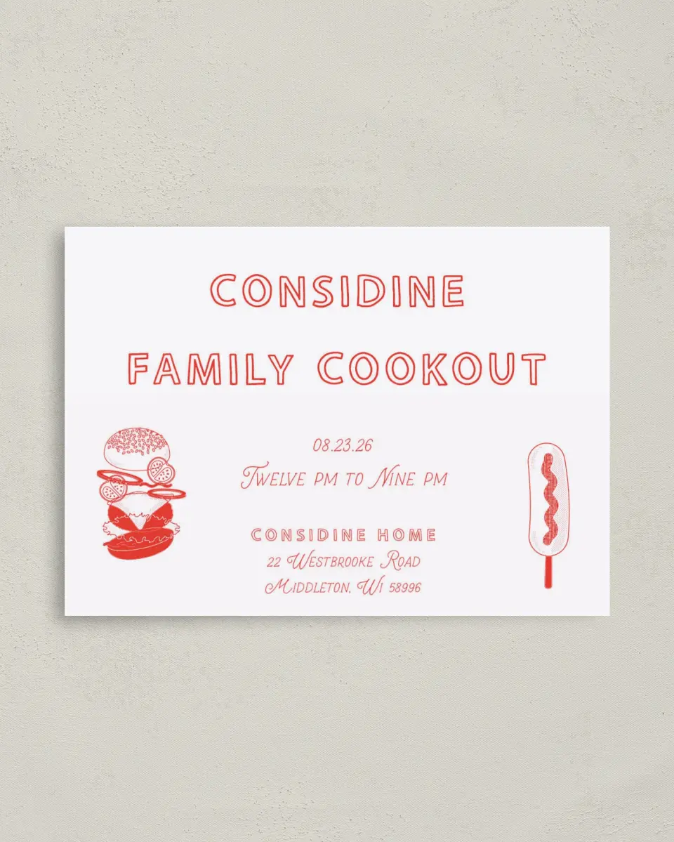 This is a 4" x 5.6" Family Reunion called Grill and Chill printed in full color on Soft Touch Finish paper