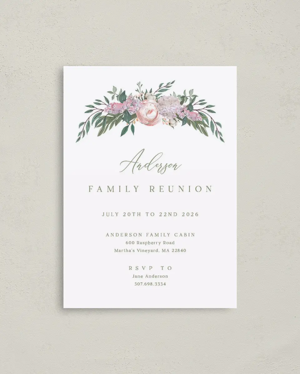 This is a 4" x 5.6" Family Reunion called Floral Canopy printed in full color on Soft Touch Finish paper