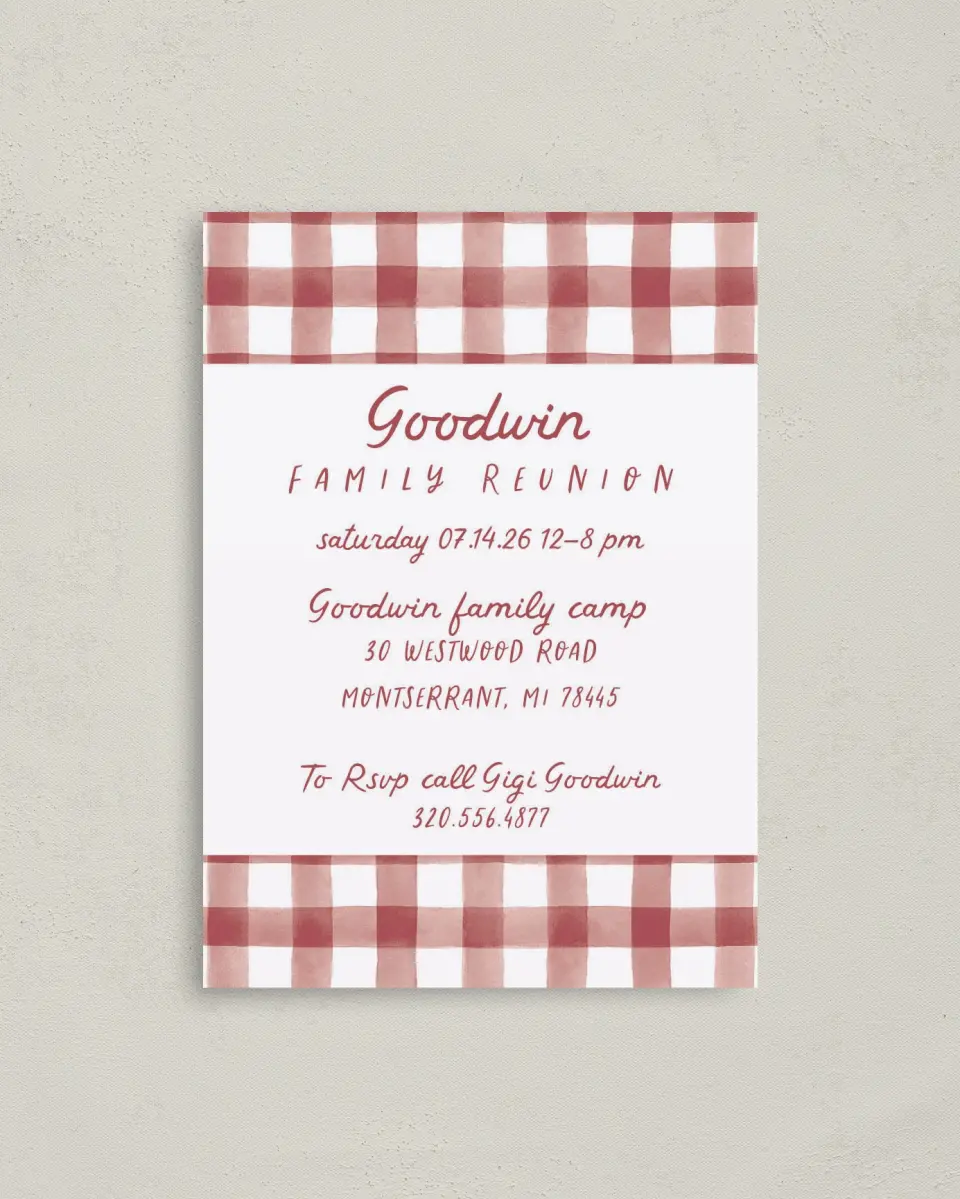 This is a 4" x 5.6" Family Reunion called Glad and Gingham printed in full color on Soft Touch Finish paper