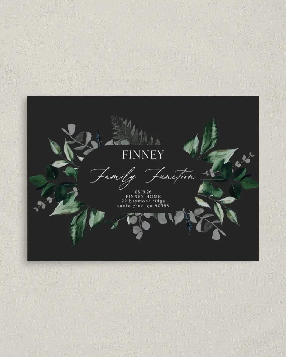 This is a 4" x 5.6" Family Reunion called Cool Foliage printed in full color on Soft Touch Finish paper