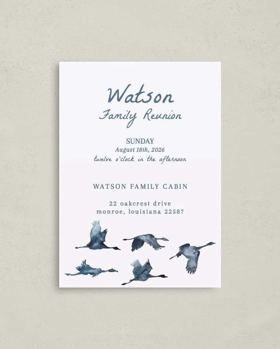 This is a 4" x 5.6" Family Reunion called Flying Flock printed in full color on Soft Touch Finish paper