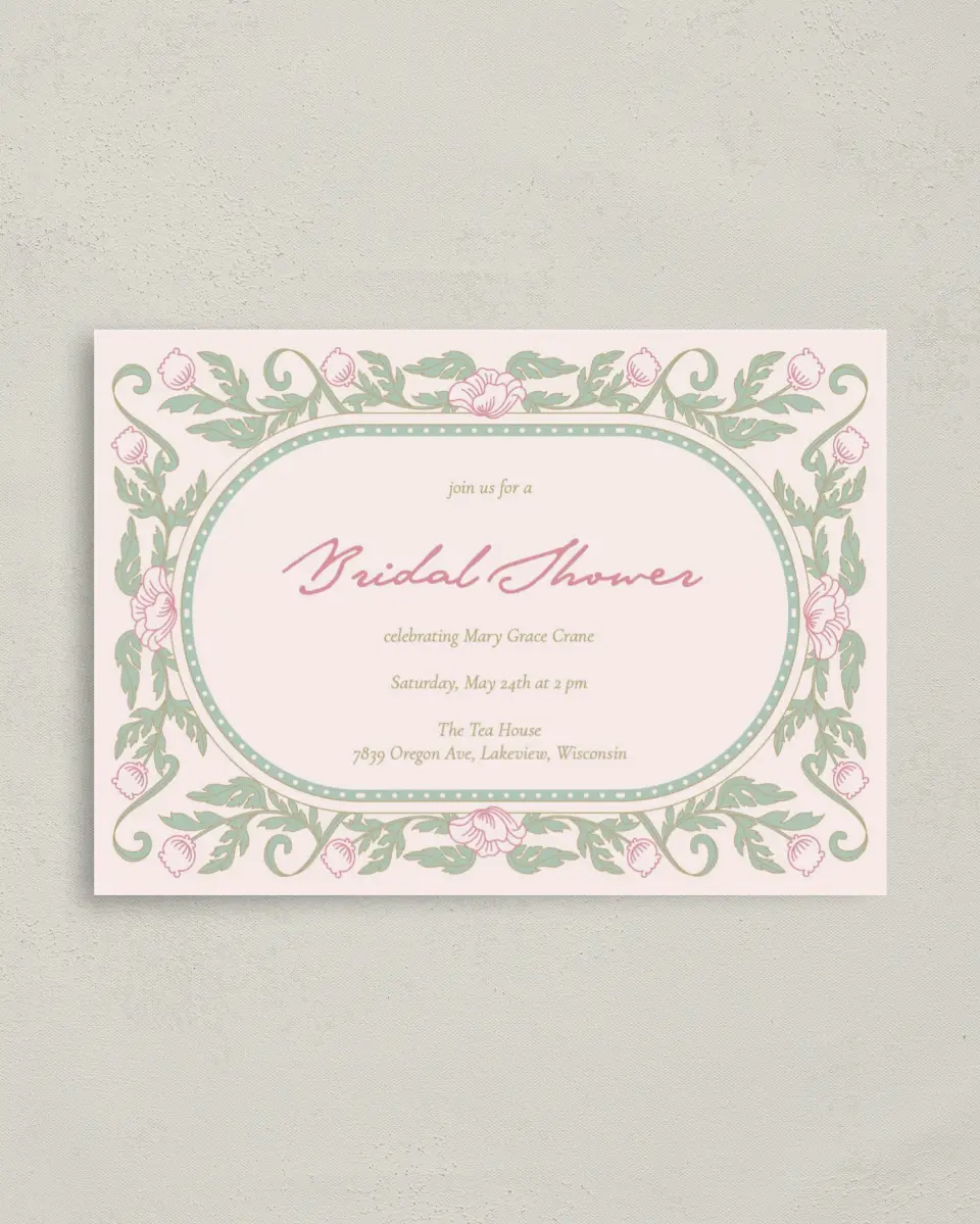 This is a 4" x 5.6" Bridal Shower Invitation Postcard called Secret Meadow printed in full color on Soft Touch Finish paper