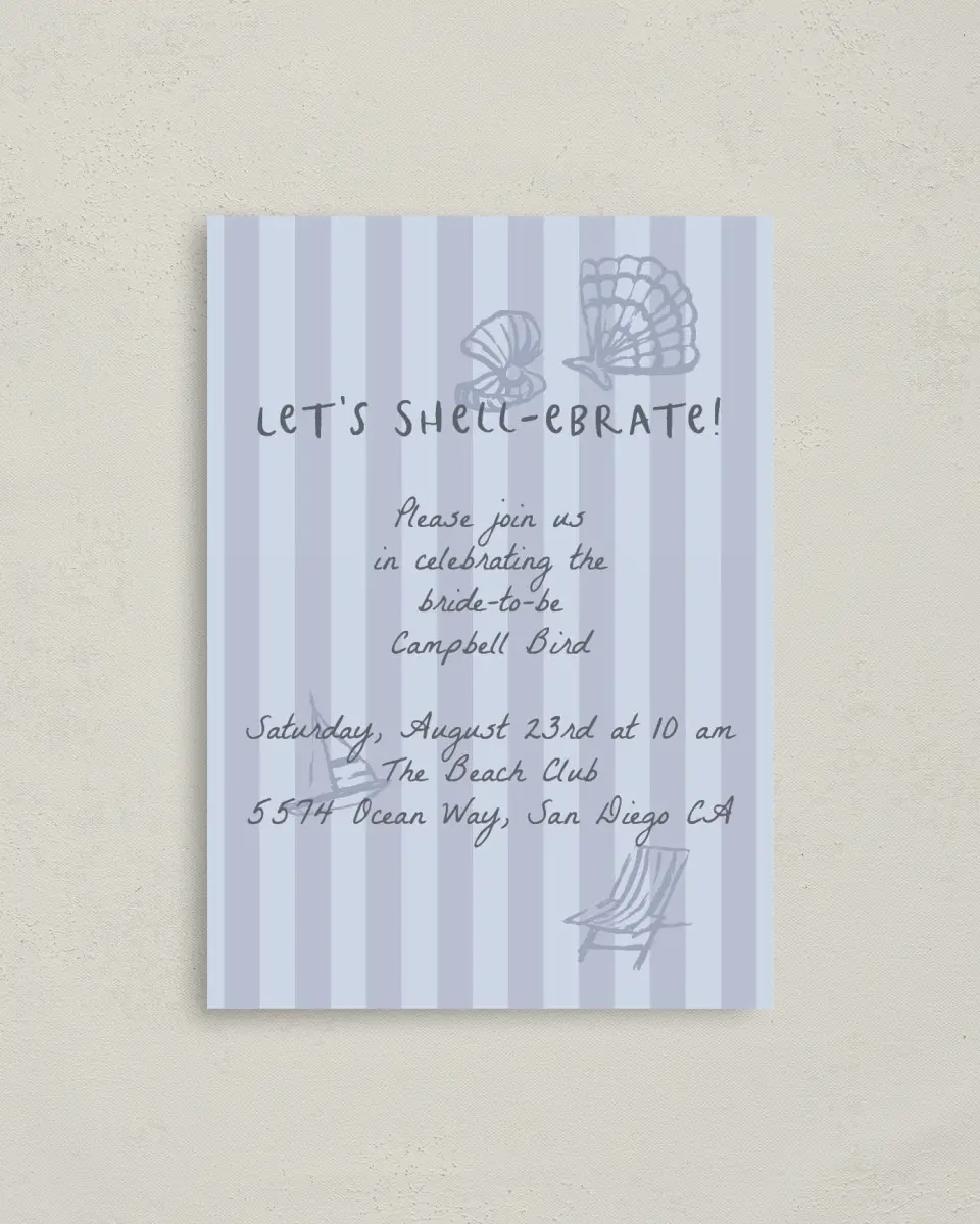 This is a 4" x 5.6" Bridal Shower Invitation Postcard called Shell-ebrate printed in full color on Soft Touch Finish paper