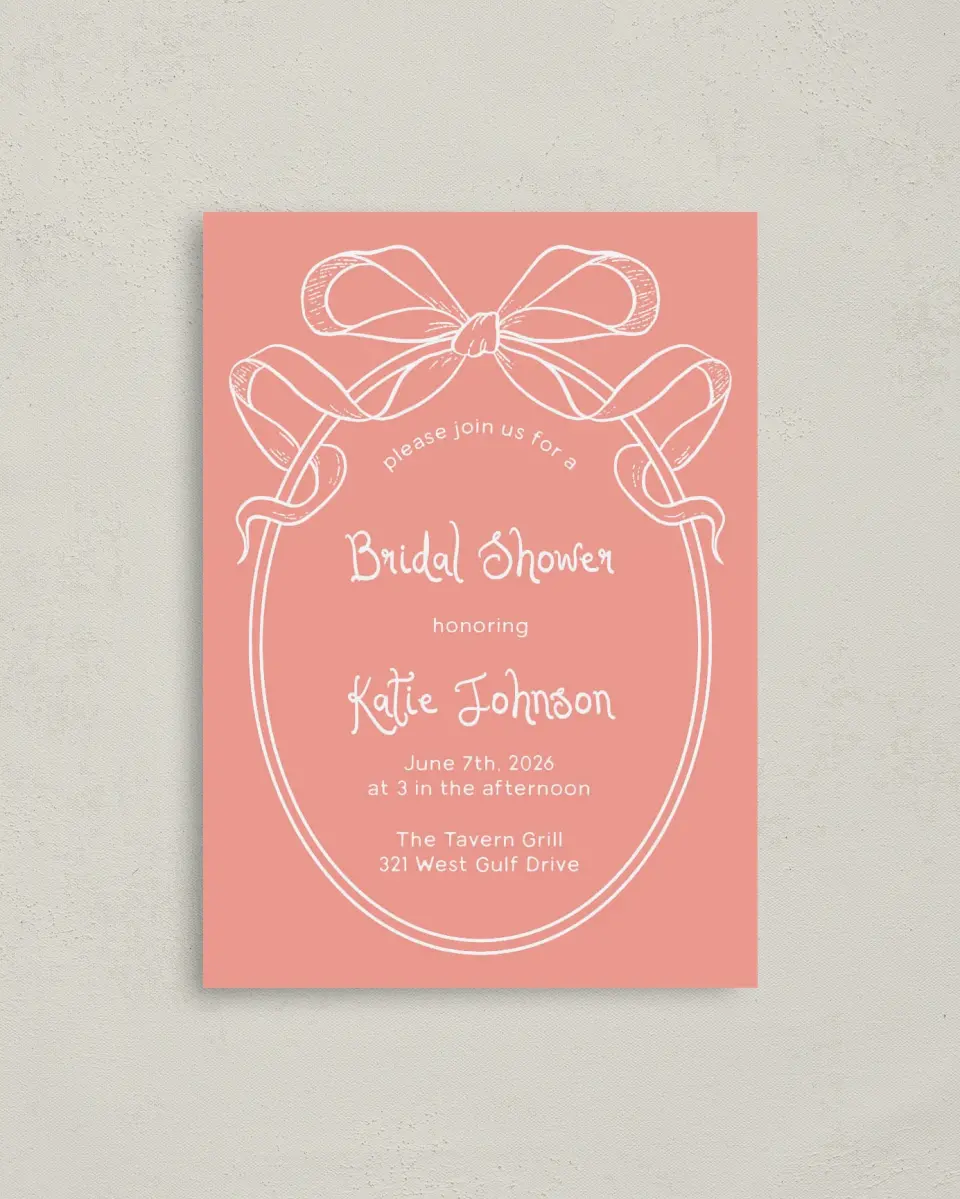 This is a 4" x 5.6" Bridal Shower Invitation Postcard called Bridal Bow printed in full color on Soft Touch Finish paper