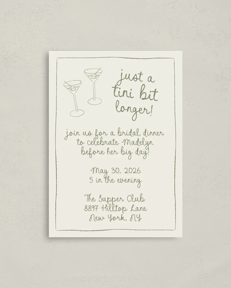 This is a 4" x 5.6" Bridal Shower Invitation Postcard called Tini Bit Longer printed in full color on Soft Touch Finish paper