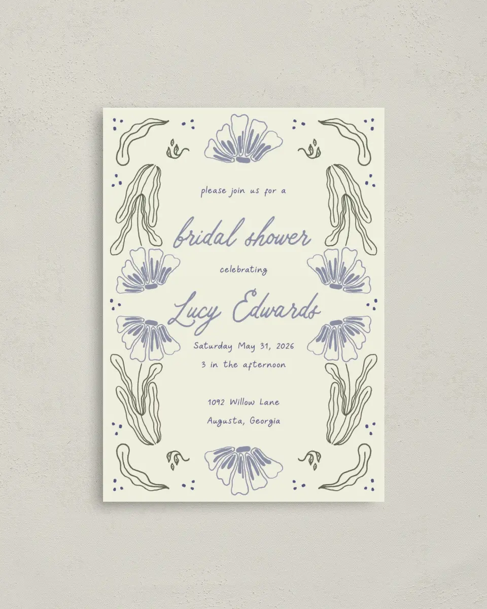 This is a 4" x 5.6" Bridal Shower Invitation Postcard called Love Grows Wild printed in full color on Soft Touch Finish paper