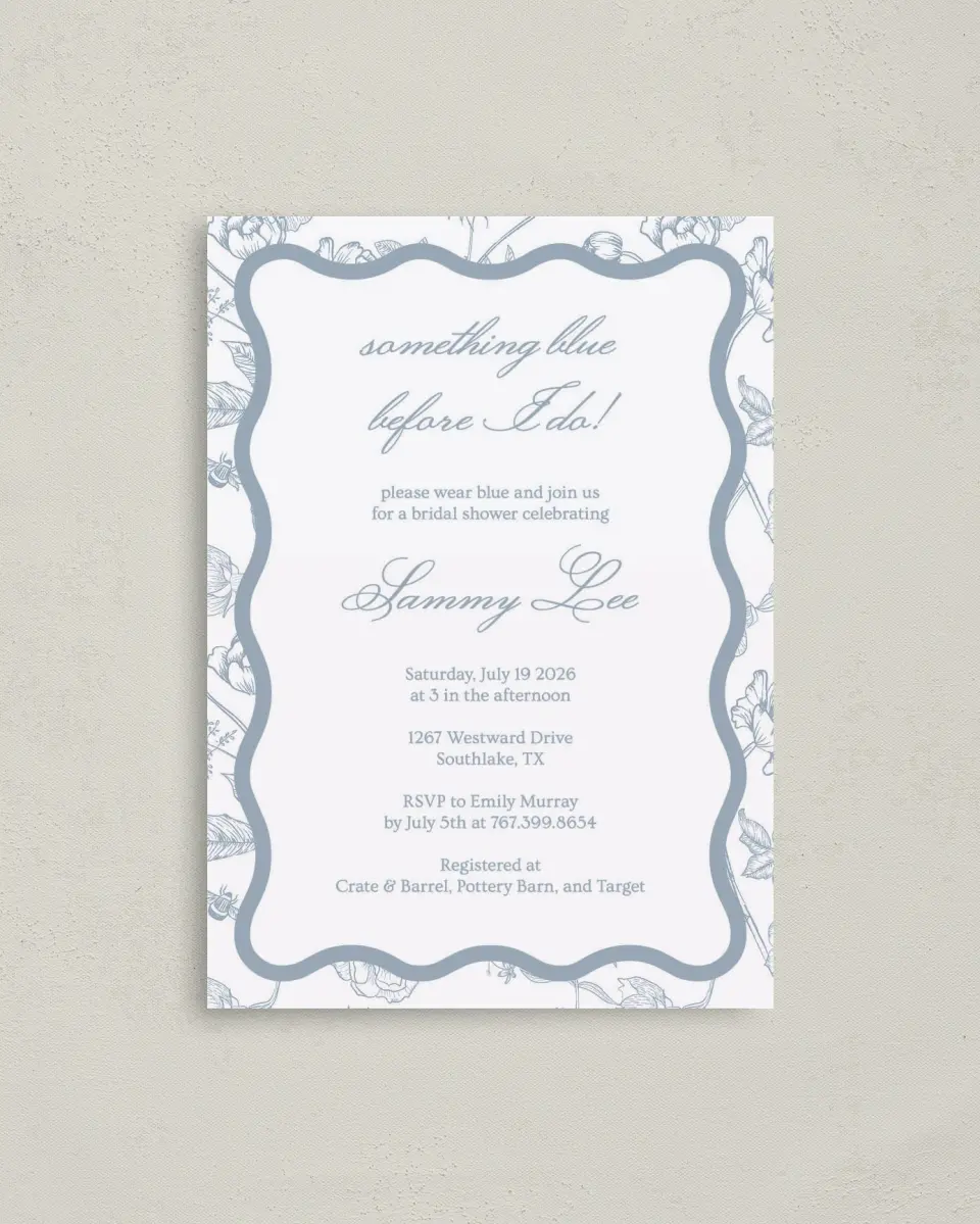 This is a 4" x 5.6" Bridal Shower Invitation Postcard called Something Blue printed in full color on Soft Touch Finish paper