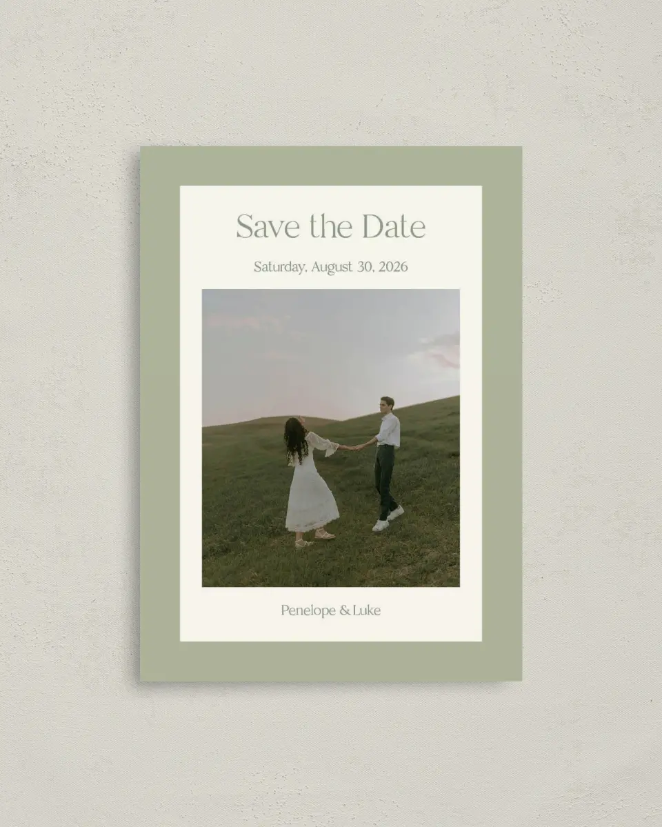 This is a 4" x 5.6" Save the Date Postcard called The Penelope printed in full color on Soft Touch Finish paper