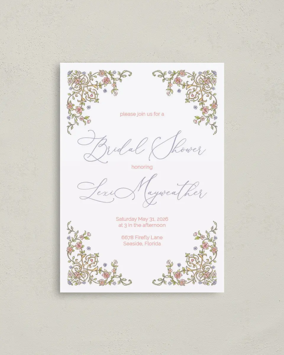 This is a 4" x 5.6" Bridal Shower Invitation Postcard called Regal Celebration printed in full color on Soft Touch Finish paper