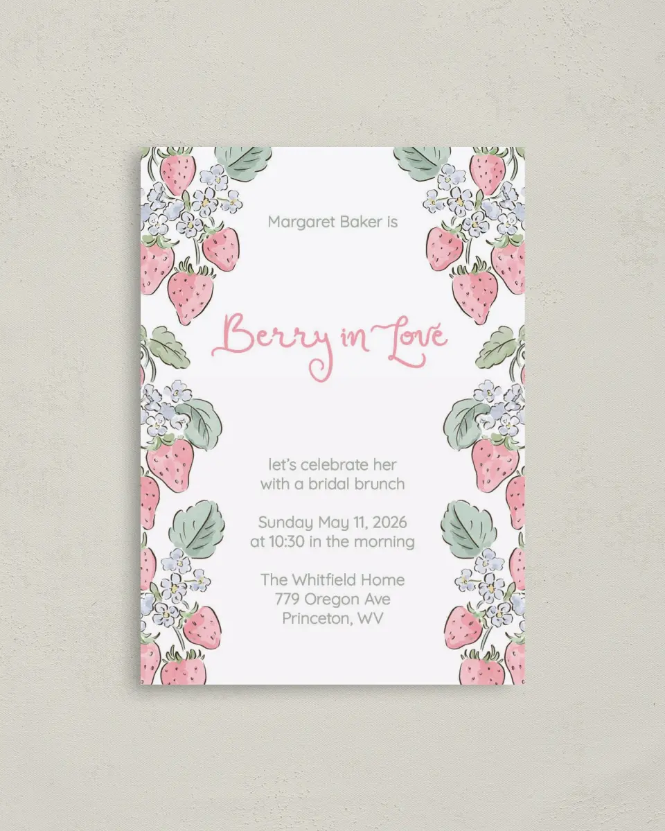 This is a 4" x 5.6" Bridal Shower Invitation Postcard called Berry in Love printed in full color on Soft Touch Finish paper