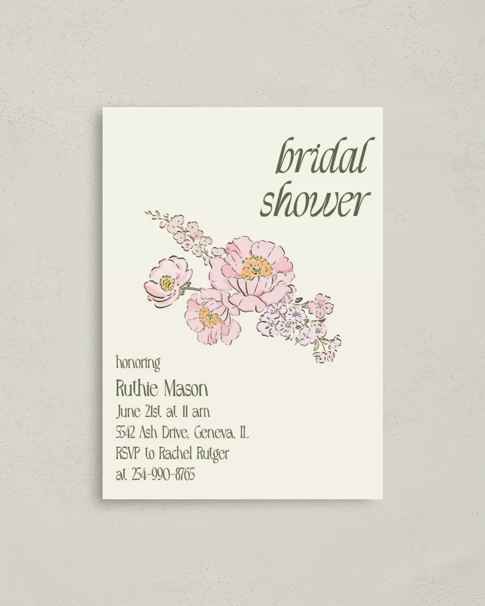 This is a 4" x 5.6" Bridal Shower Invitation Postcard called Floral Shower printed in full color on Soft Touch Finish paper