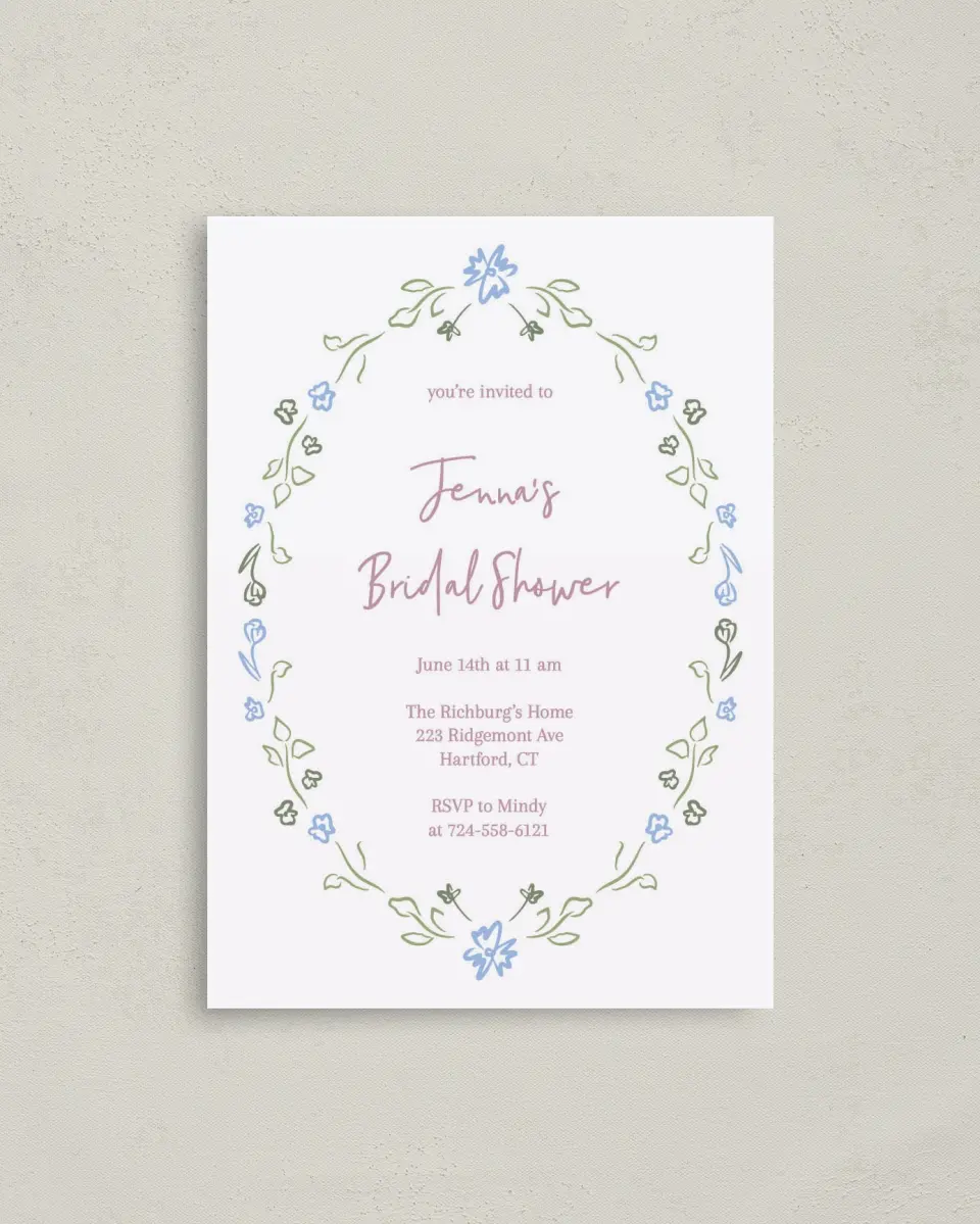 This is a 4" x 5.6" Bridal Shower Invitation Postcard called Petals of Love printed in full color on Soft Touch Finish paper