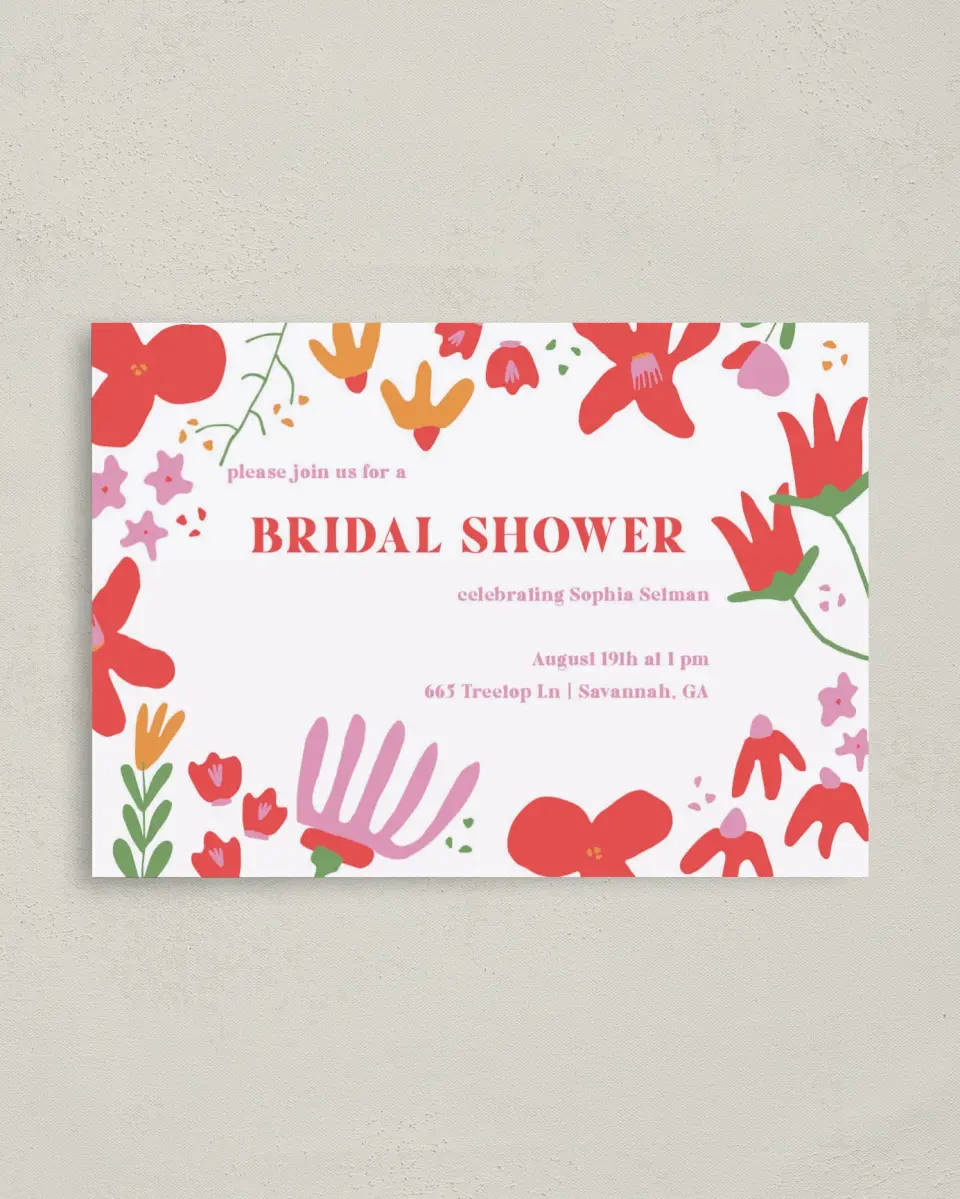 This is a 4" x 5.6" Bridal Shower Invitation Postcard called Spring Into Love printed in full color on Soft Touch Finish paper