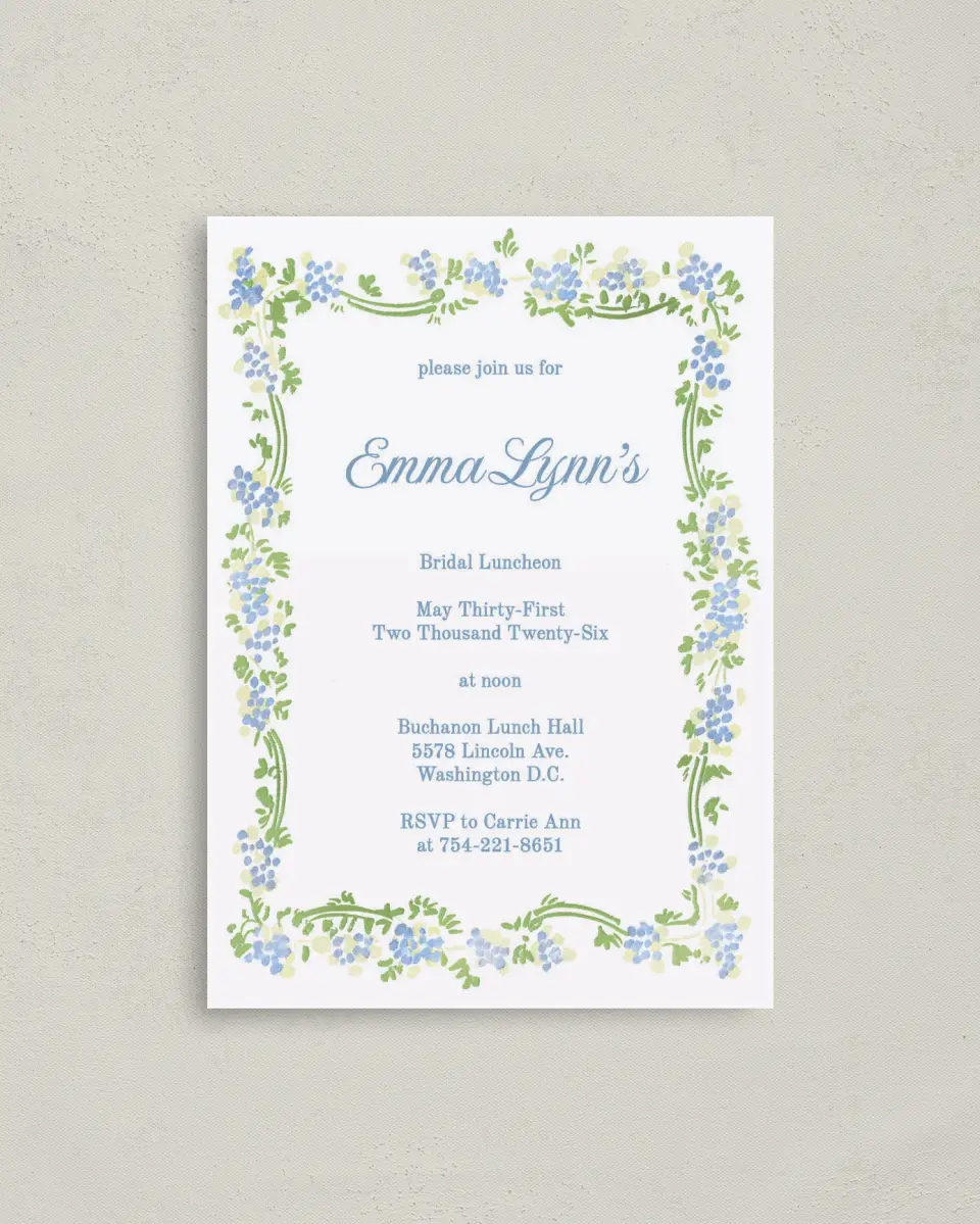 This is a 4" x 5.6" Bridal Shower Invitation Postcard called Bright Bride printed in full color on Soft Touch Finish paper