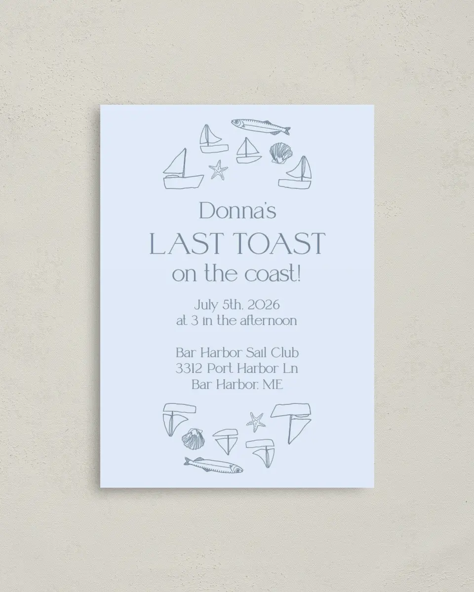 This is a 4" x 5.6" Bridal Shower Invitation Postcard called Last Toast printed in full color on Soft Touch Finish paper