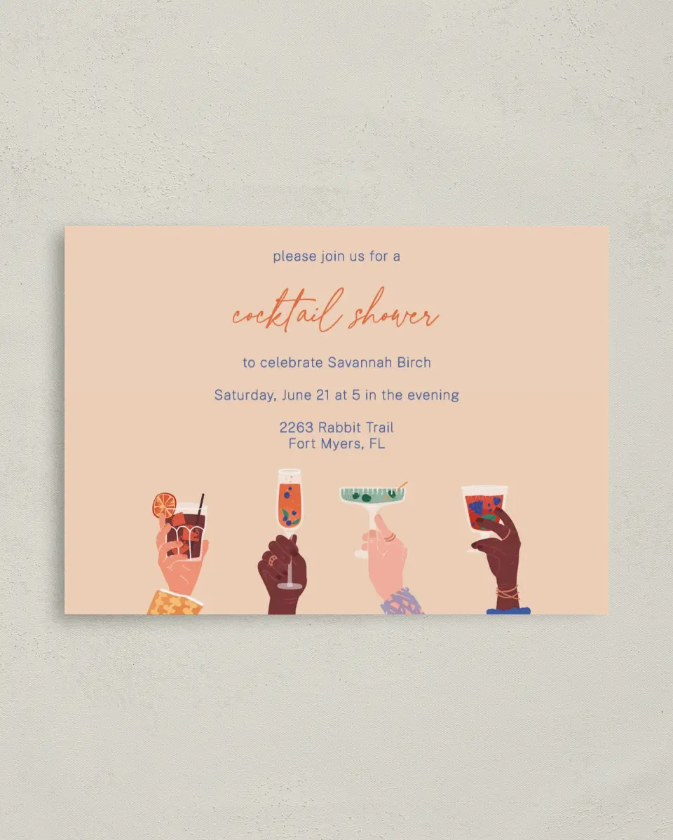 This is a 4" x 5.6" Bridal Shower Invitation Postcard called Cocktail Shower printed in full color on Soft Touch Finish paper
