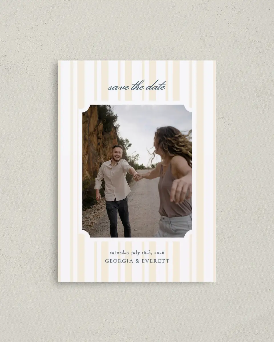This is a 4" x 5.6" Save the Date Postcard called The Georgia printed in full color with Gold foil on Soft Touch Finish paper