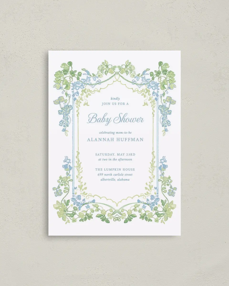 This is a 4" x 5.6" Baby Shower Invitation Postcard called Elegant Vines printed in full color on Soft Touch Finish paper