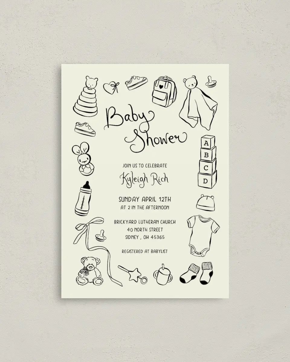 This is a 4" x 5.6" Baby Shower Invitation Postcard called Darling Doodle printed in full color on Soft Touch Finish paper