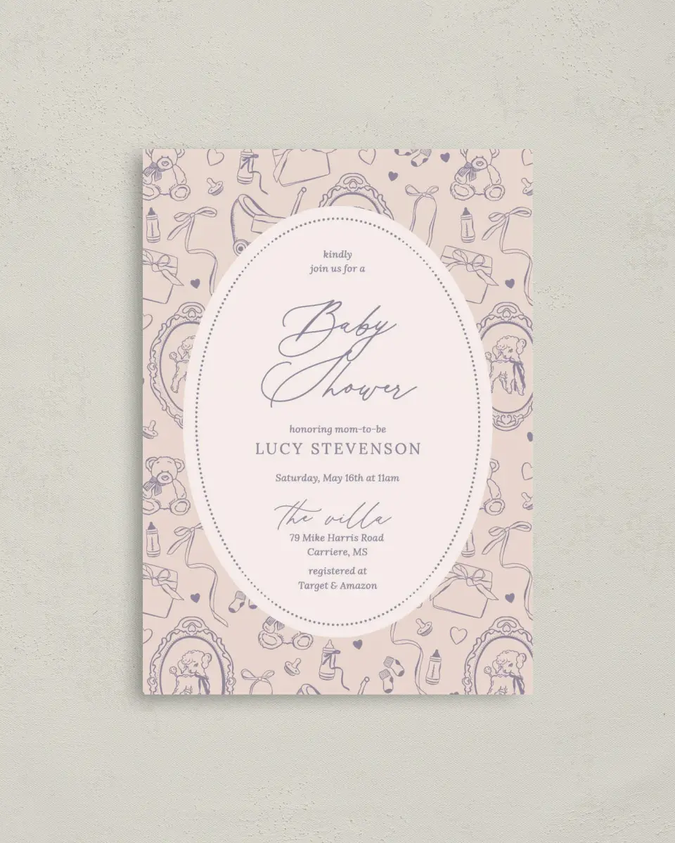 This is a 4" x 5.6" Baby Shower Invitation Postcard called Bottles & Bows printed in full color on Soft Touch Finish paper