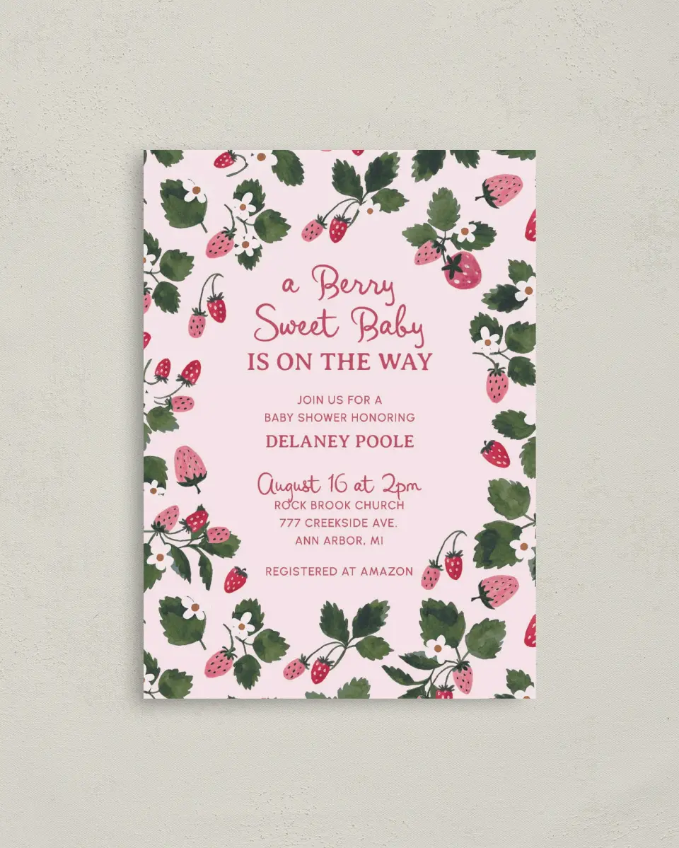 This is a 4" x 5.6" Baby Shower Invitation Postcard called Berry Sweet Baby printed in full color on Soft Touch Finish paper