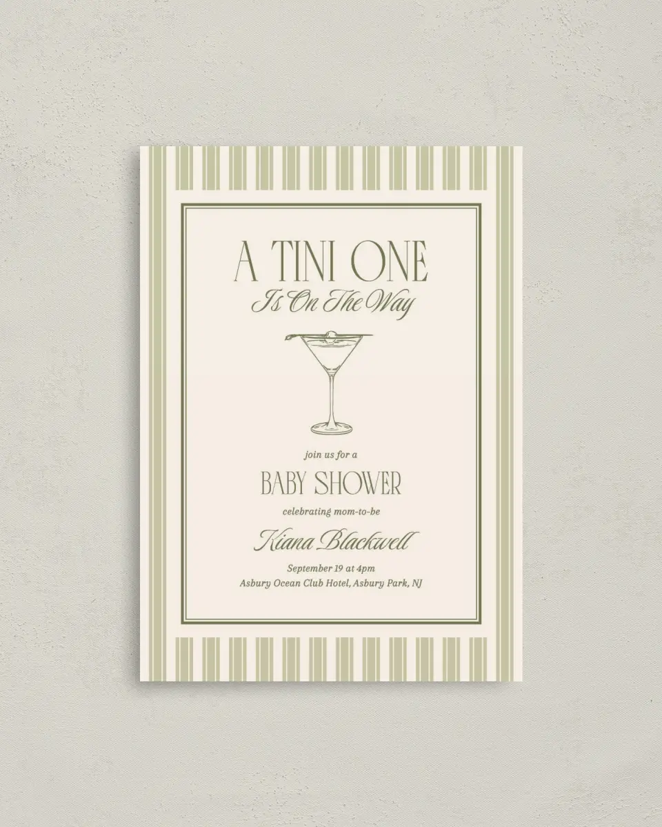This is a 4" x 5.6" Baby Shower Invitation Postcard called A Tini One printed in full color on Soft Touch Finish paper