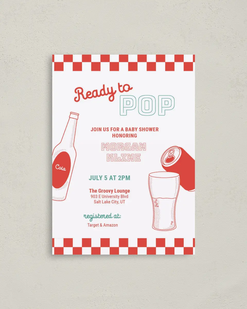 This is a 4" x 5.6" Baby Shower Invitation Postcard called Soda Pop printed in full color on Soft Touch Finish paper