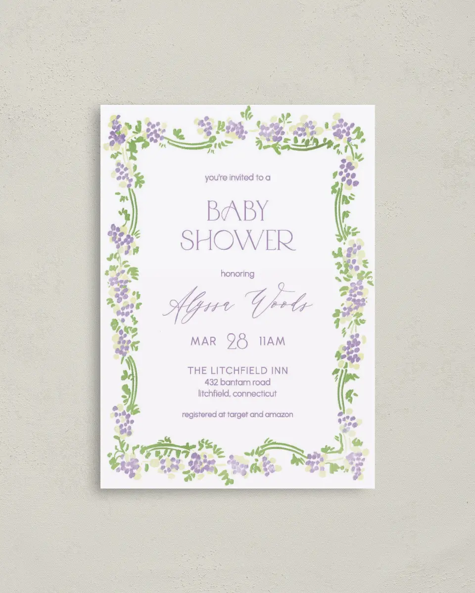 This is a 4" x 5.6" Baby Shower Invitation Postcard called Lavender Bloom printed in full color on Soft Touch Finish paper