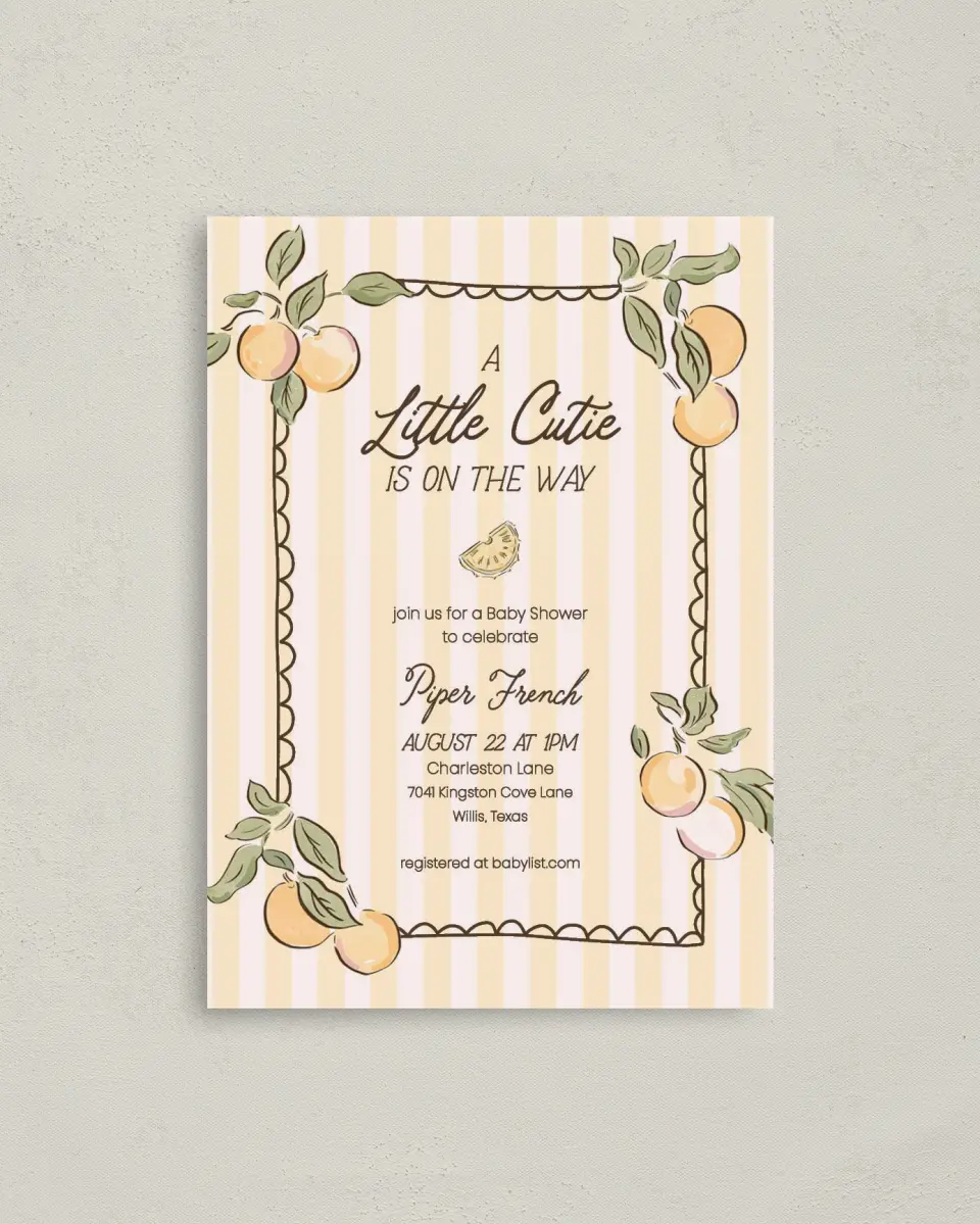 This is a 4" x 5.6" Baby Shower Invitation Postcard called Summer Cutie printed in full color on Soft Touch Finish paper