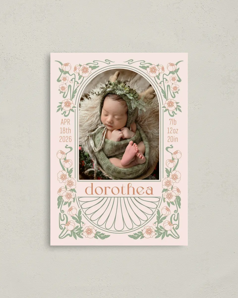 This is a 4" x 5.6" Birth Announcement Postcard called Whimsical Dreams printed in full color on Soft Touch Finish paper