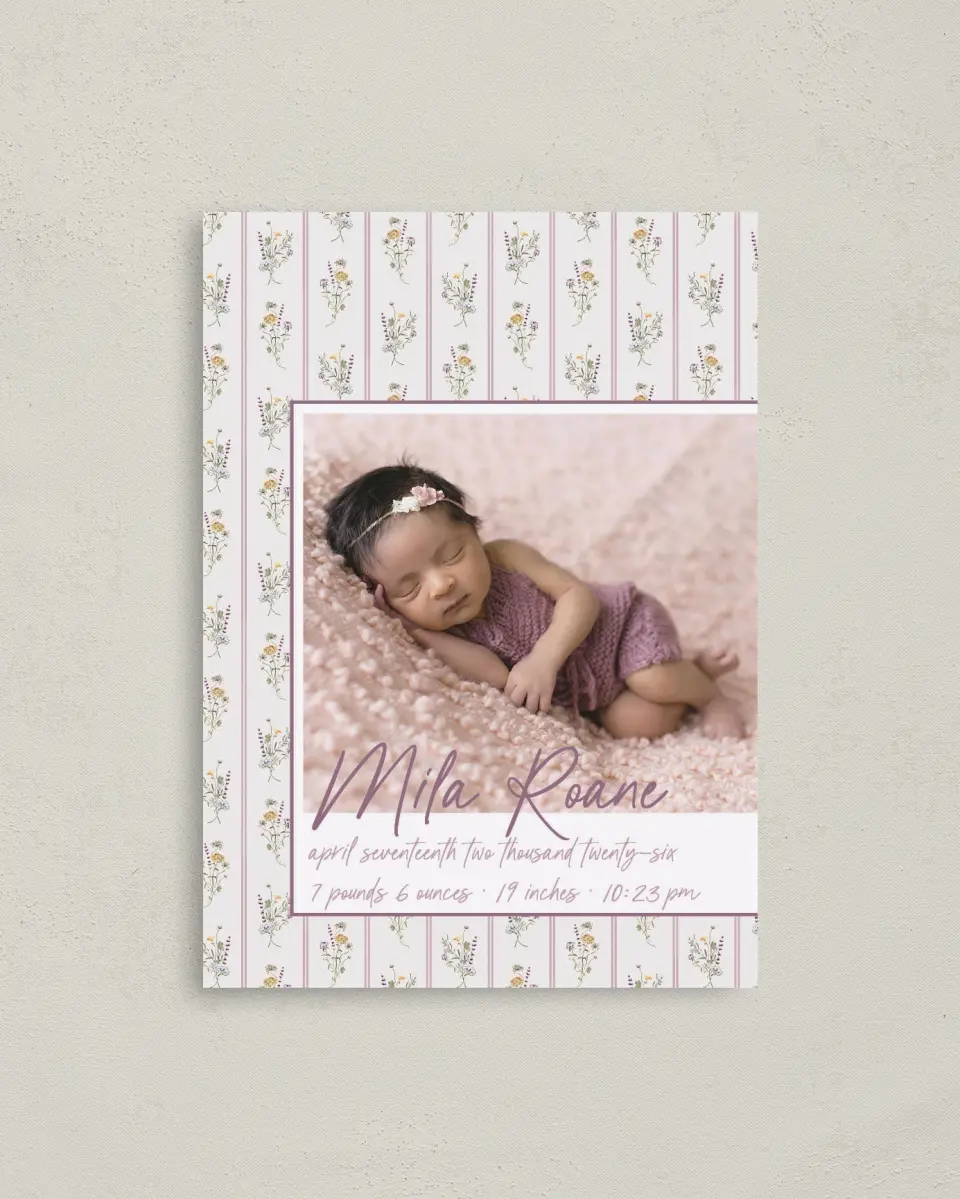 This is a 4" x 5.6" Birth Announcement Postcard called Lovely Mauve Vintage printed in full color on Soft Touch Finish paper