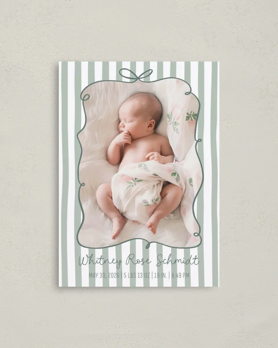 This is a 4" x 5.6" Birth Announcement Postcard called Silly Baby printed in full color on Soft Touch Finish paper