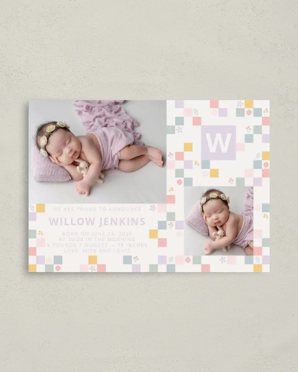 This is a 4" x 5.6" Birth Announcement Postcard called Cheeky & Checkered printed in full color with Silver foil on Soft Touch Finish paper