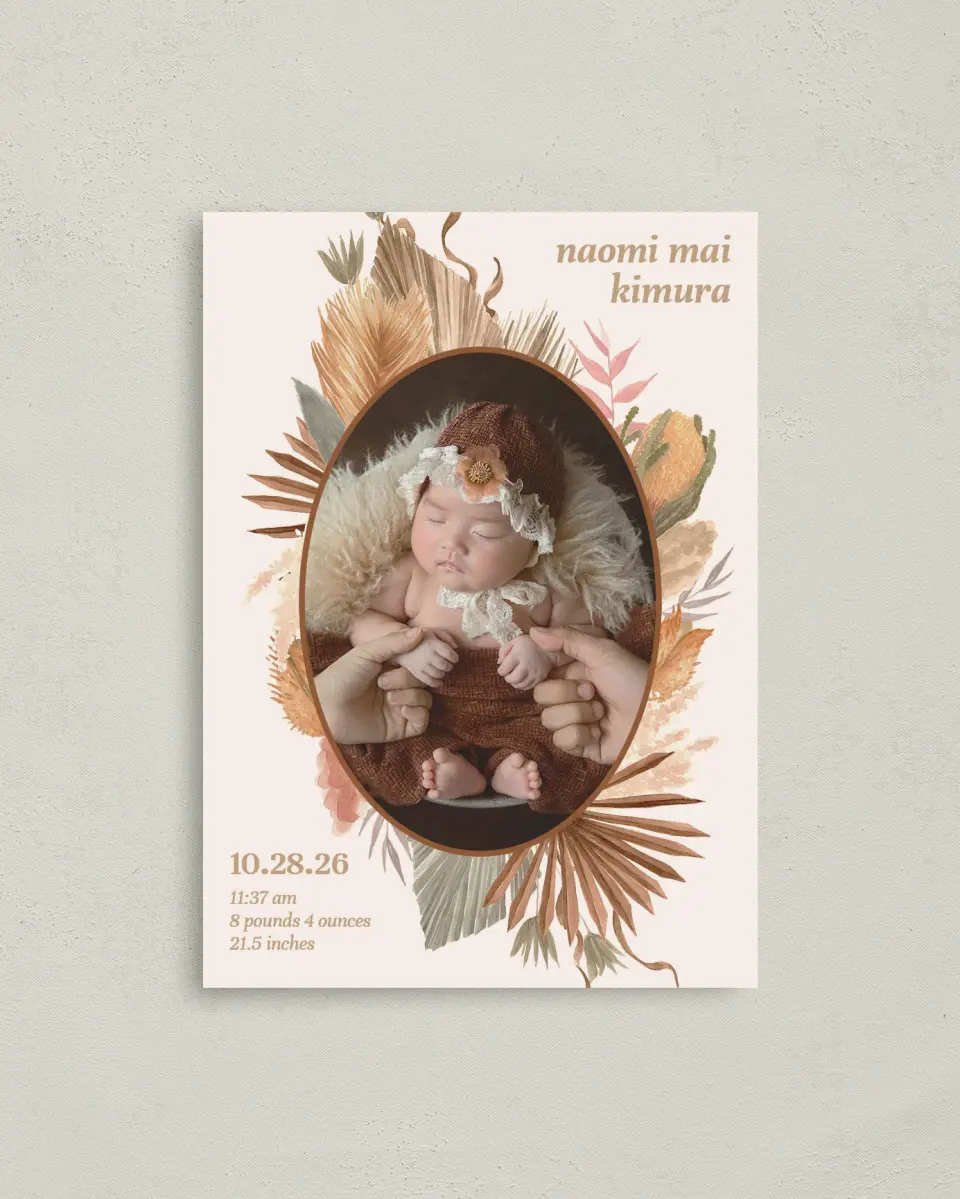 This is a 4" x 5.6" Birth Announcement Postcard called Free Spirit printed in full color on Soft Touch Finish paper
